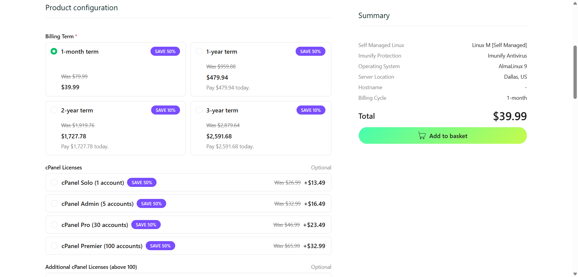 screenshot of Hosting.com Product Configurations