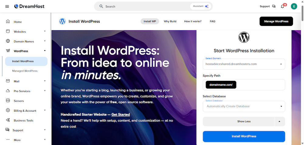 screenshot of DreamHost WordPress installer