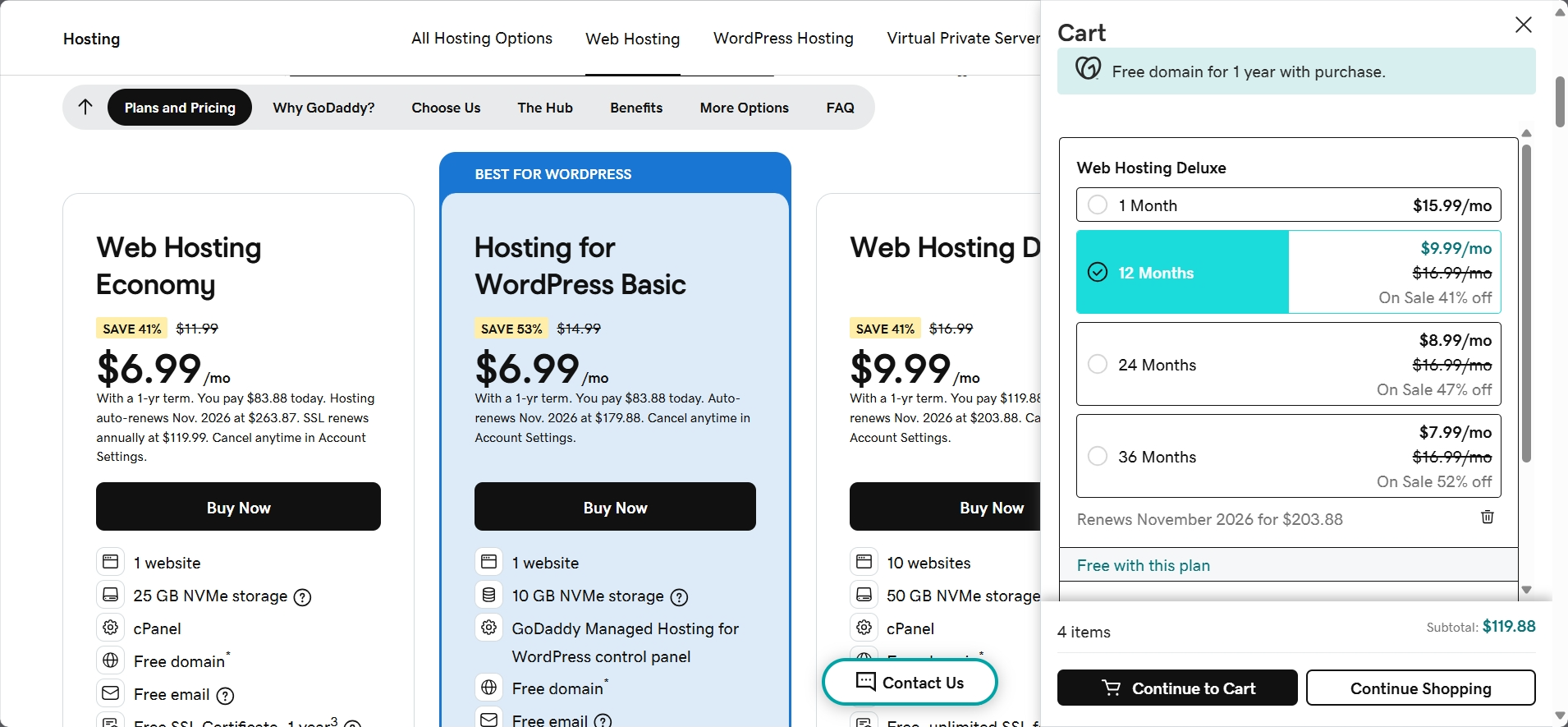 screenshot of Godaddy Hosting plans
