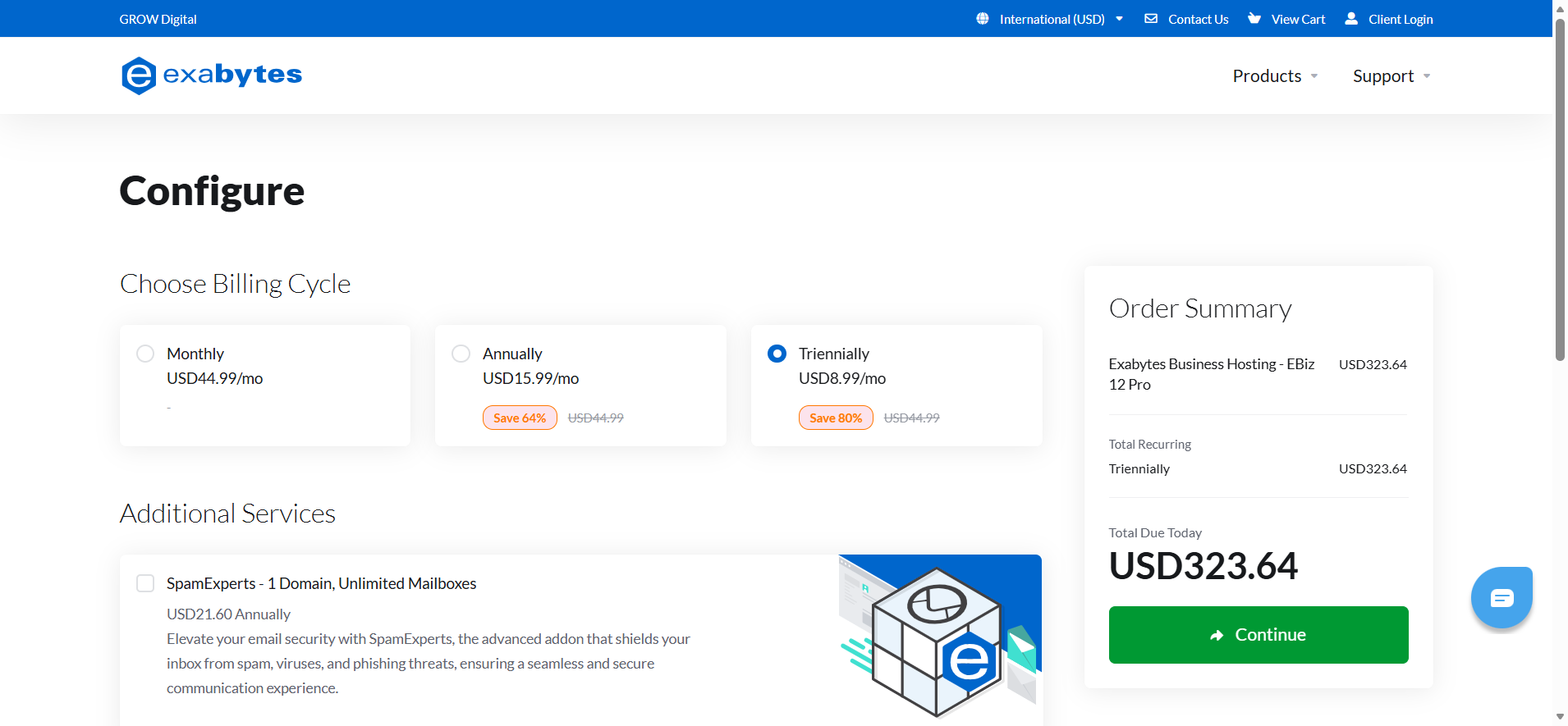 screenshot of Exabytes hosting plan configurations