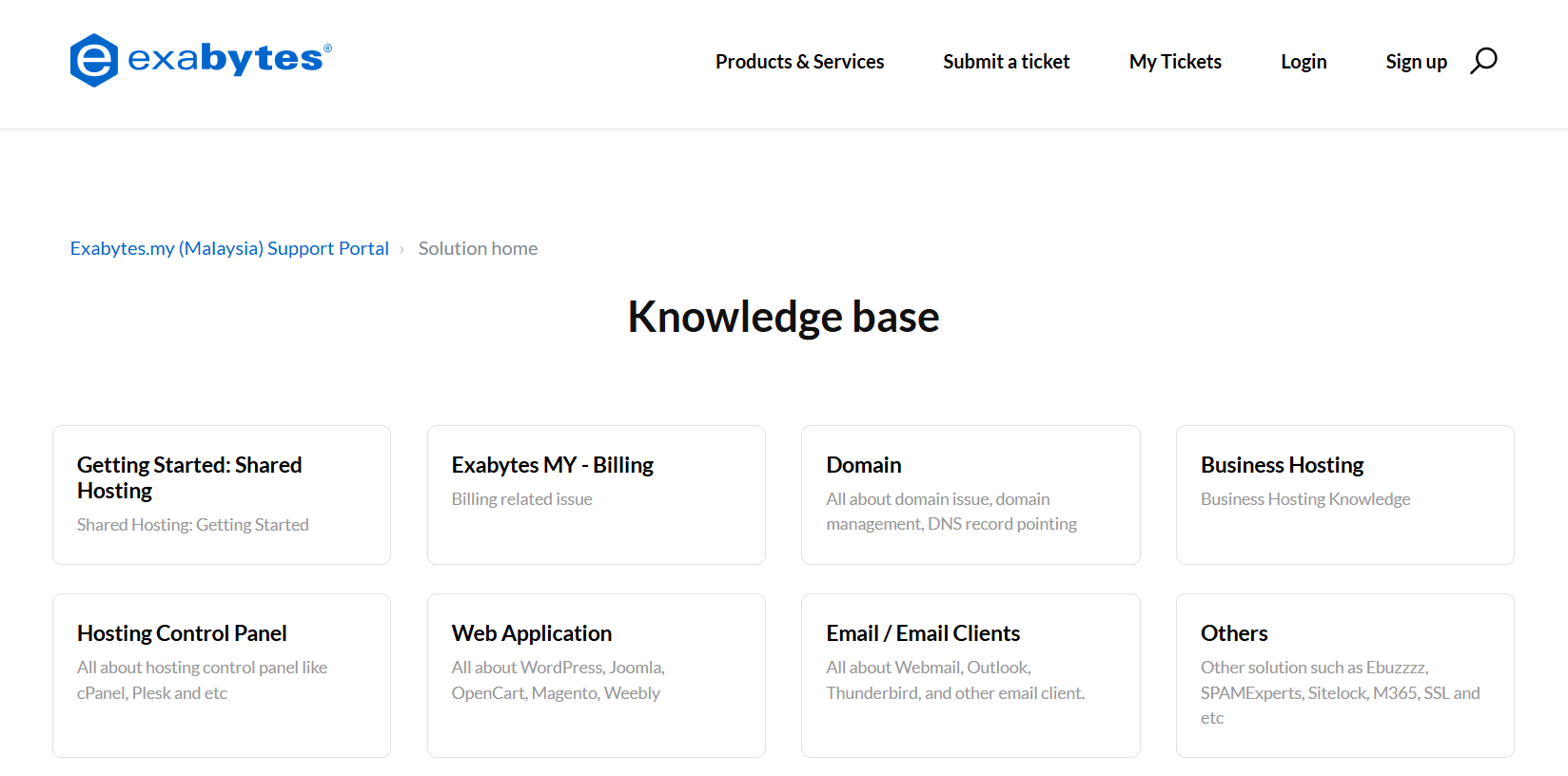 screenshot of Exabytes Knowledge Base