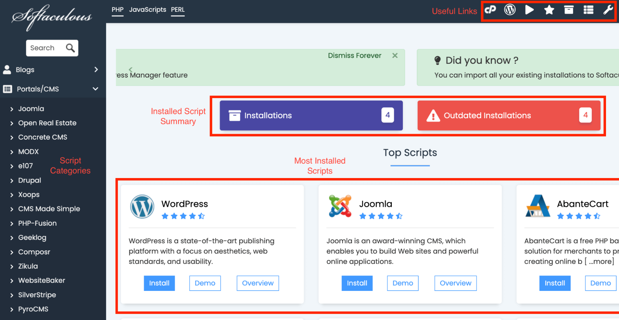 screenshot of Softaculous ‘Javascripts’ tab