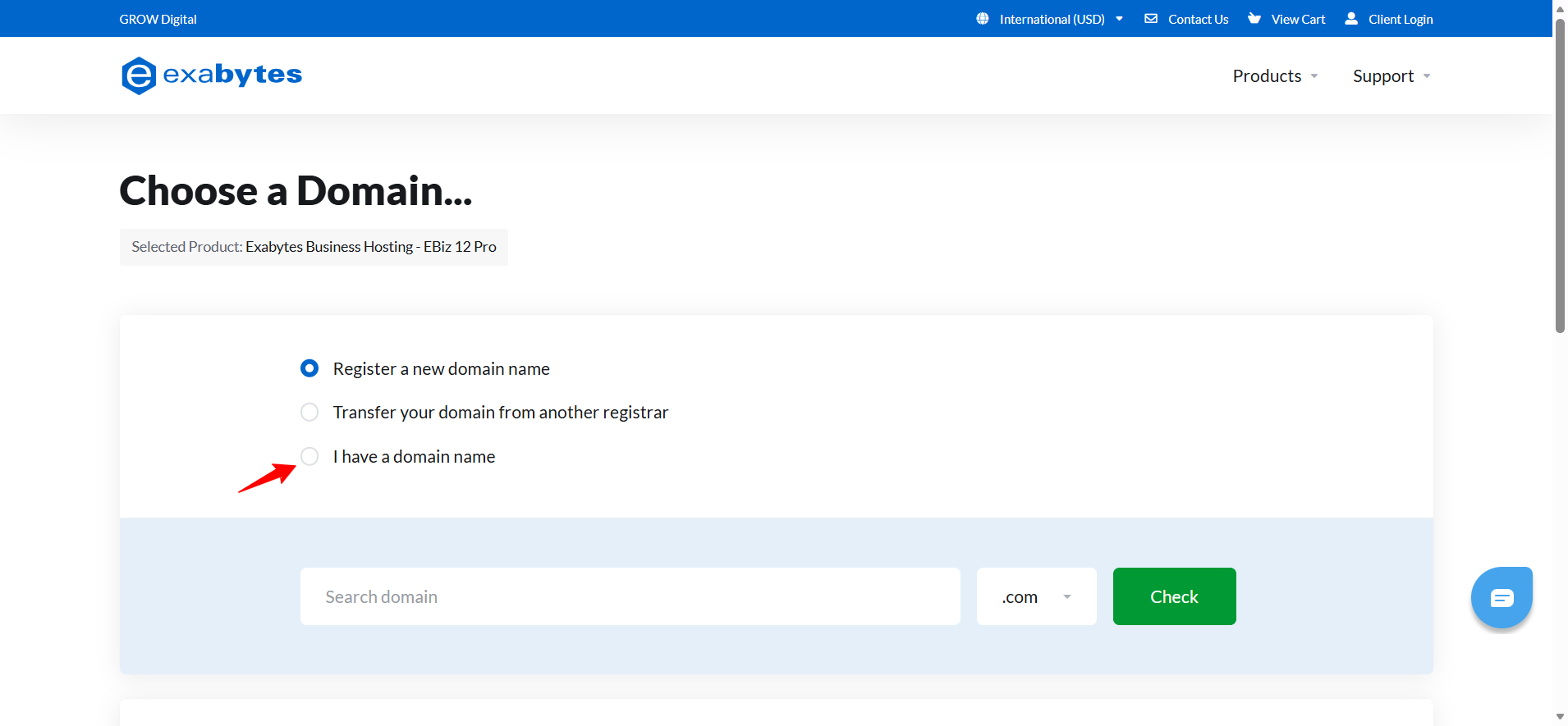 screenshot of Exabytes Domain menu