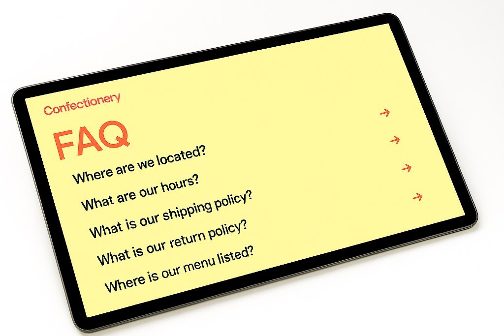 FAQs on a confectionery website on a tablet.