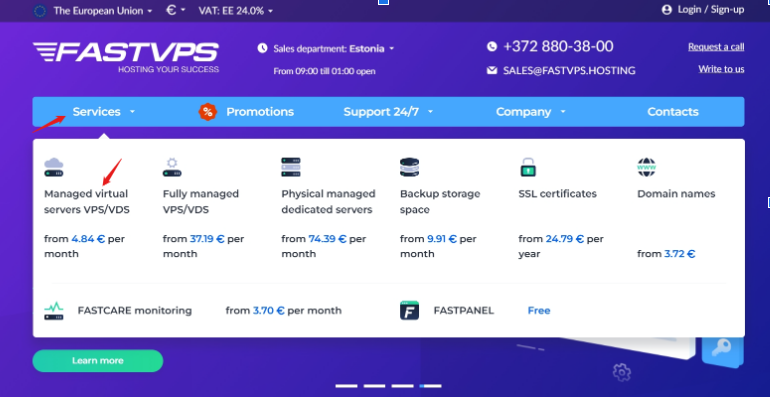 Screenshot of FASTVPS services menu for managed VPS/VDS plans