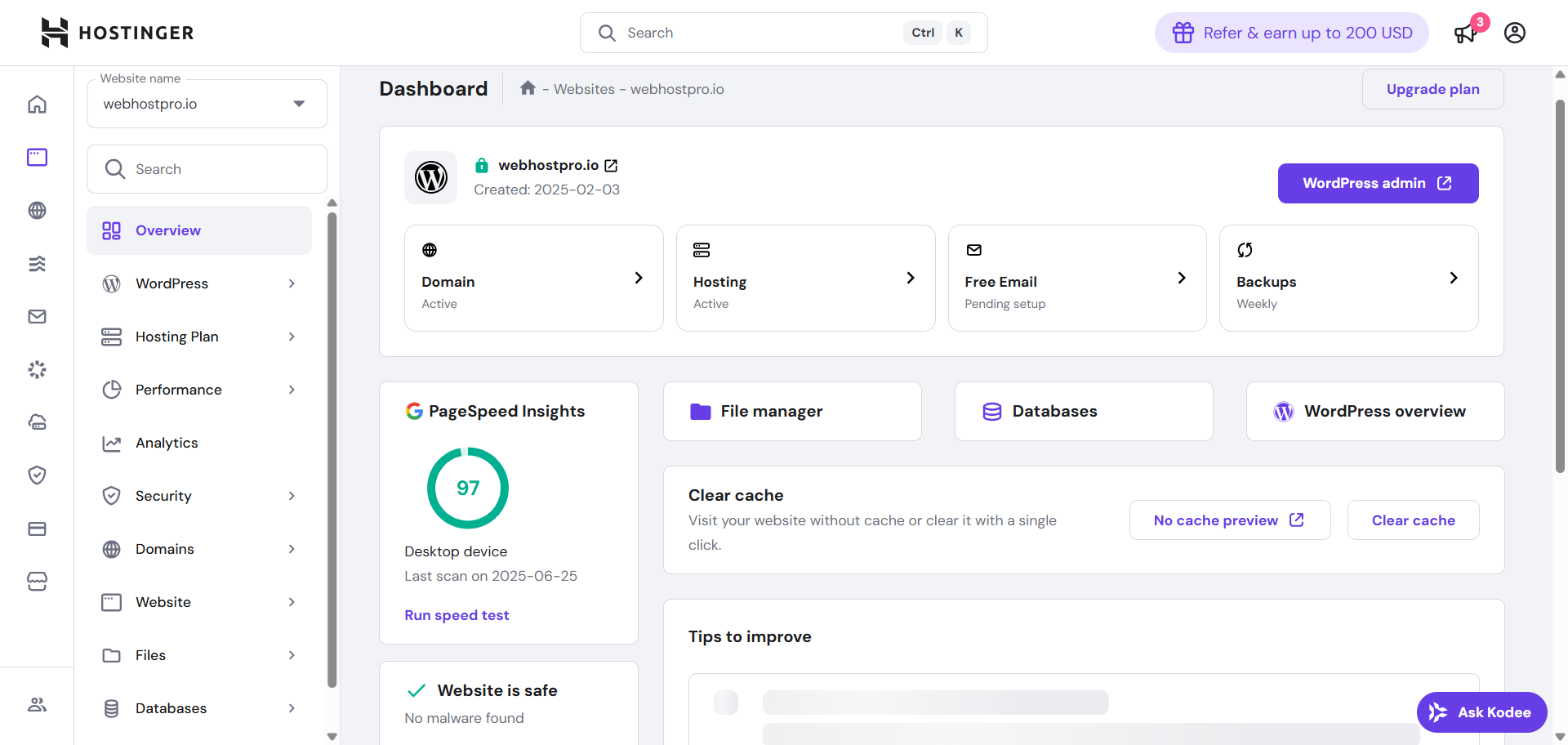 screenshot pregleda Hostinger kontrolne table