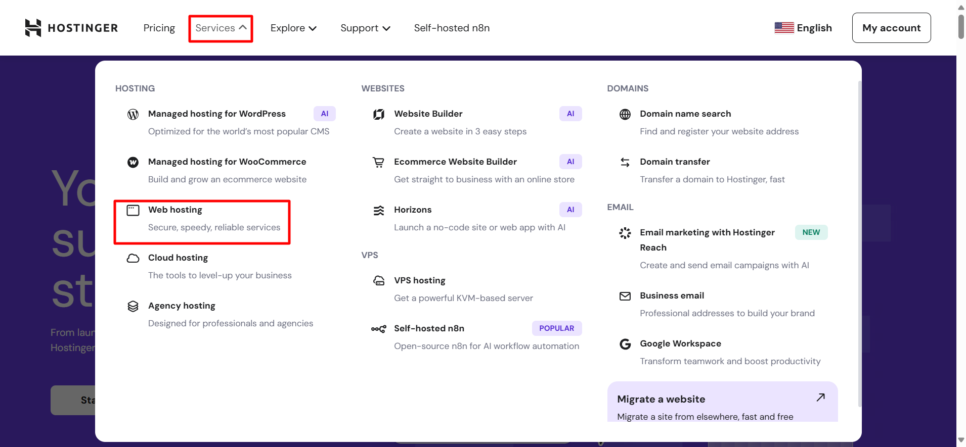 screenshot dugmeta Hostinger 