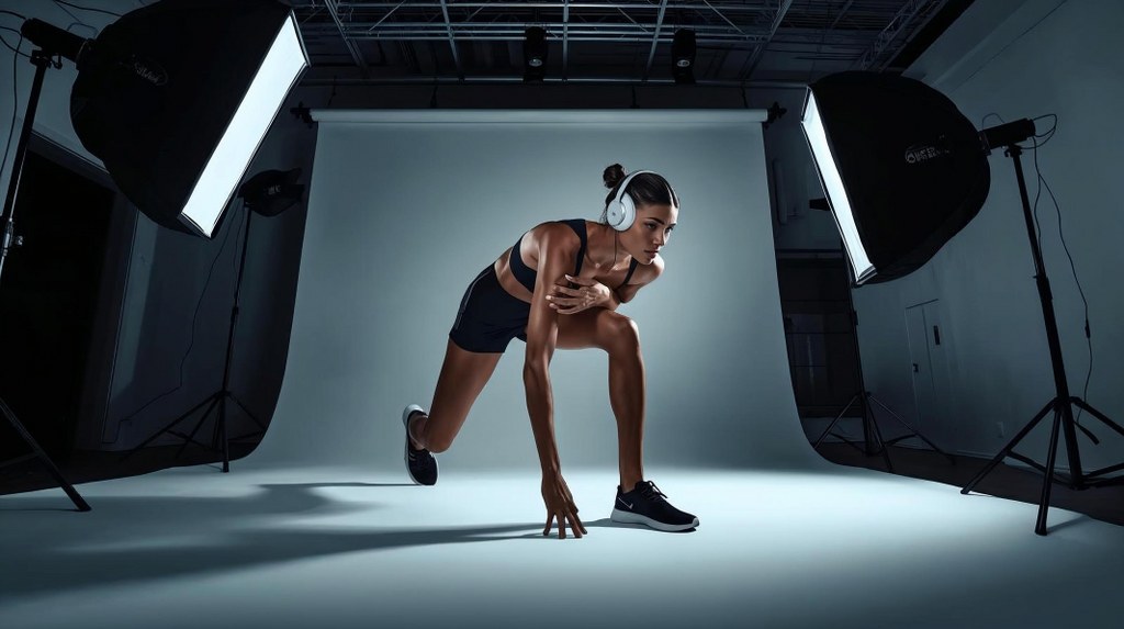 Female model in a professional studio wearing a headset product.