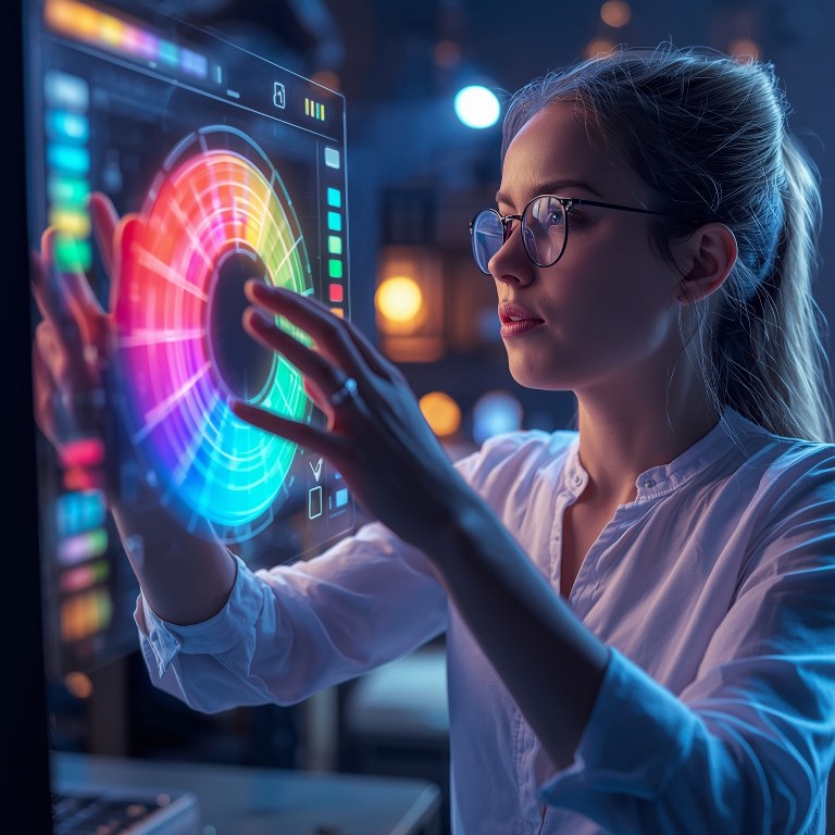 Female web designer Choosing from color wheel on hologram.