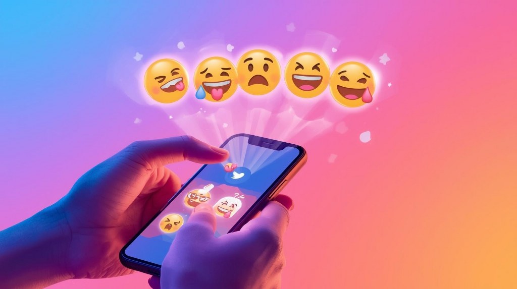 Finger holding down the “Like” button on a mobile app, and above it, a row of interactive reaction emojis.