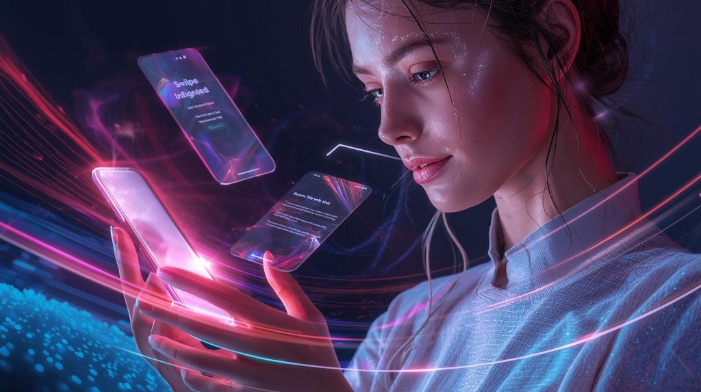 Futuristic digital illustration showing how visual effects guide users between screens or states.
