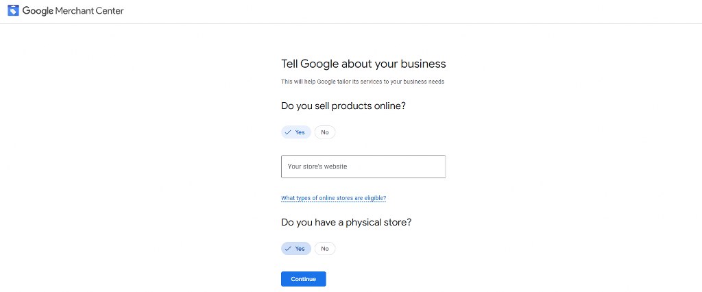 Google Merchant Center's form for filling business details.