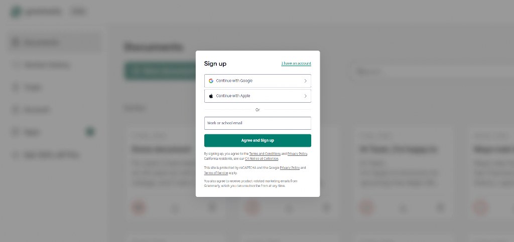 Grammarly's sign up page.