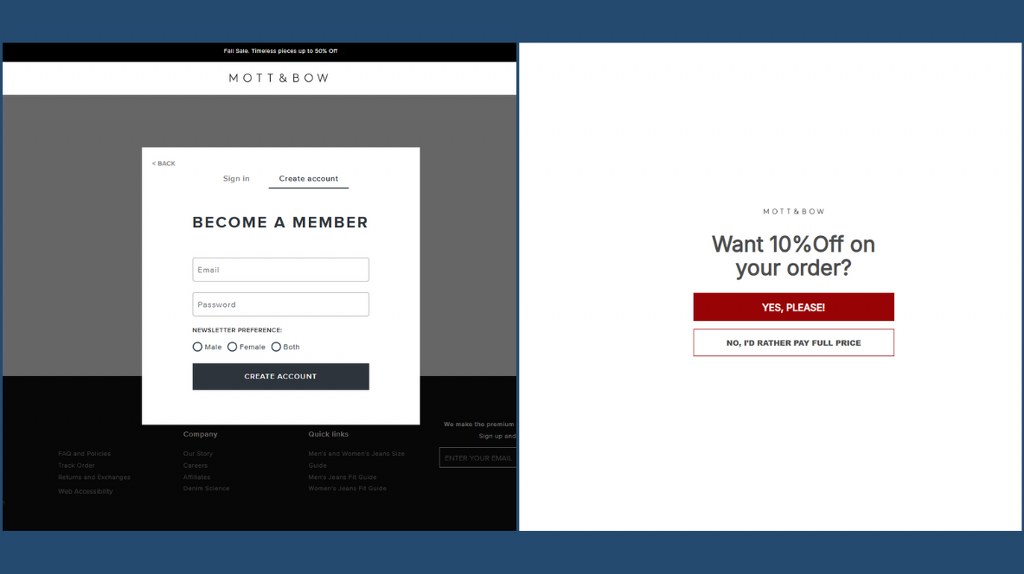 Half mott & bow sign up page while other half shows offer popup.