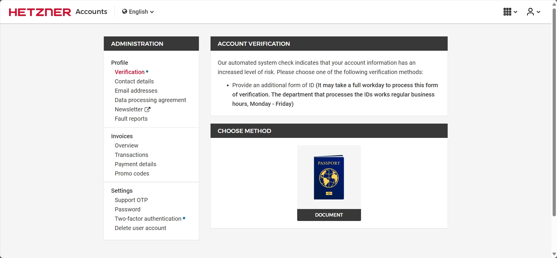screenshot of the Hetzner Account verification page