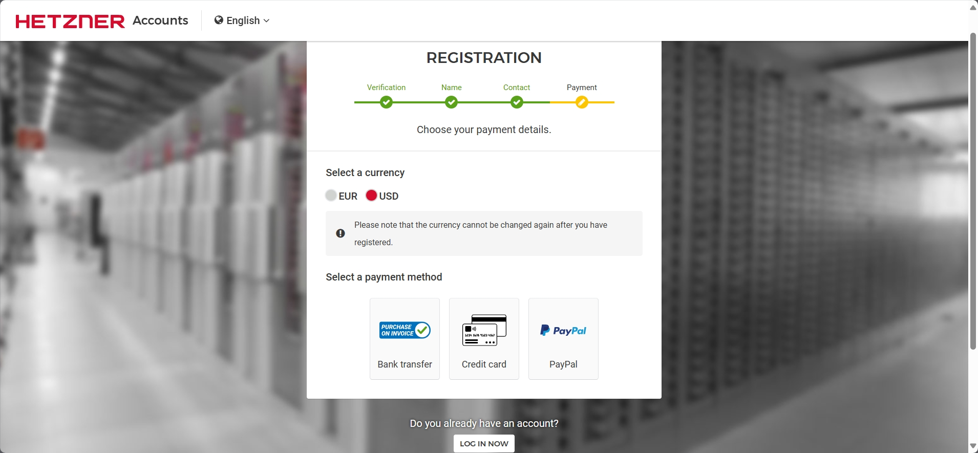 screenshot of the Hetzner registration process