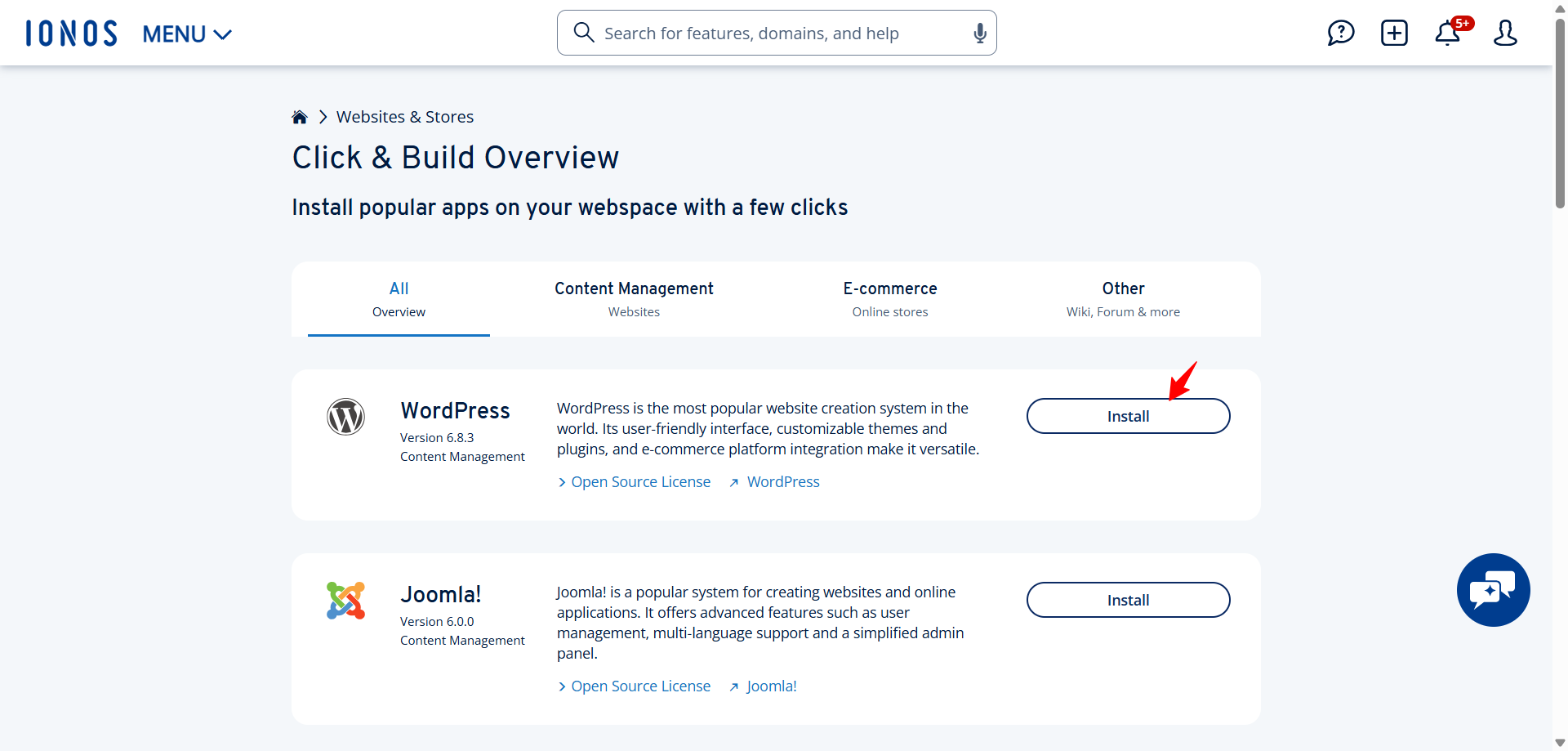 screenshot of IONOS WordPress