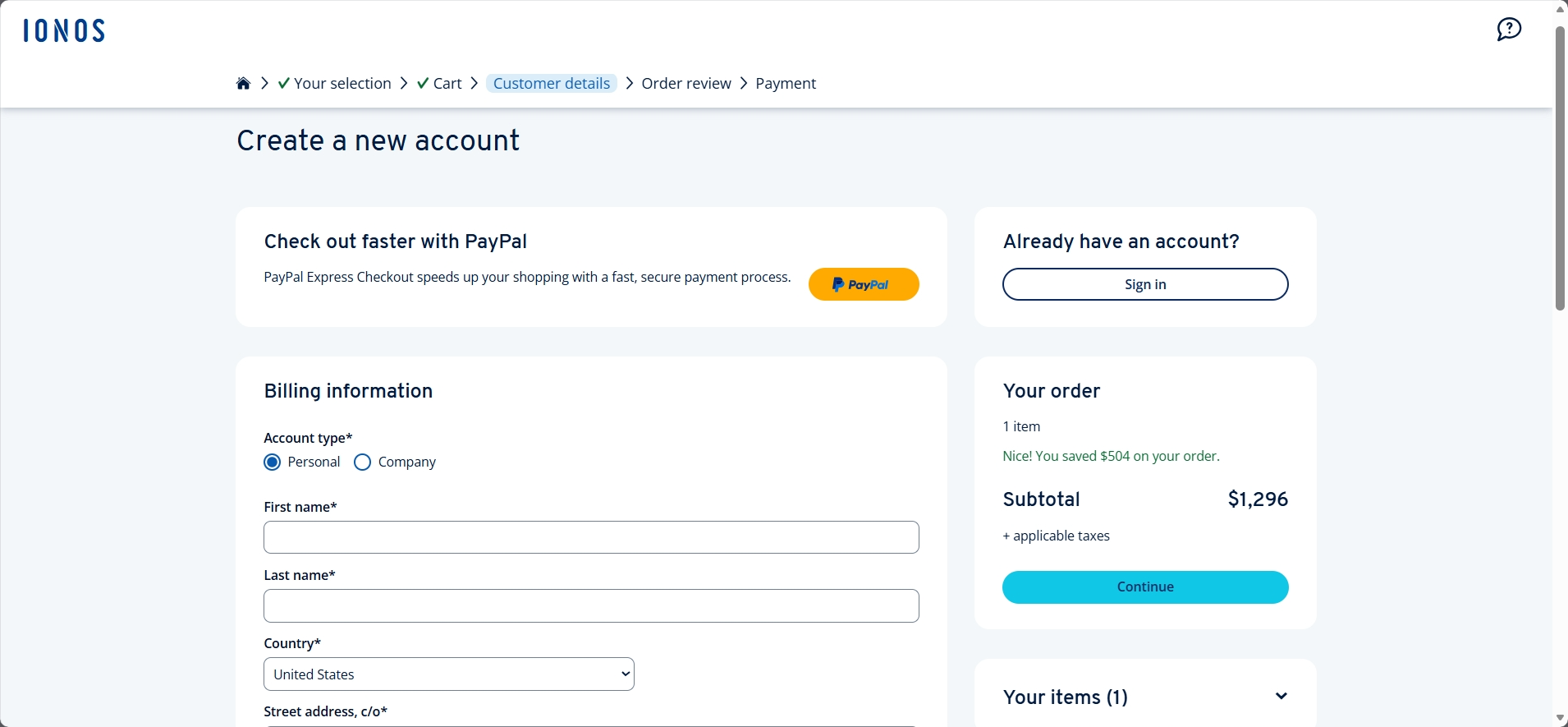 screenshot of IONOS Sign Up form