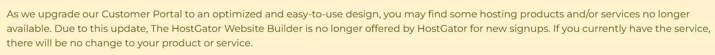 screenshot of HostGator message that some of the products are no longer offered