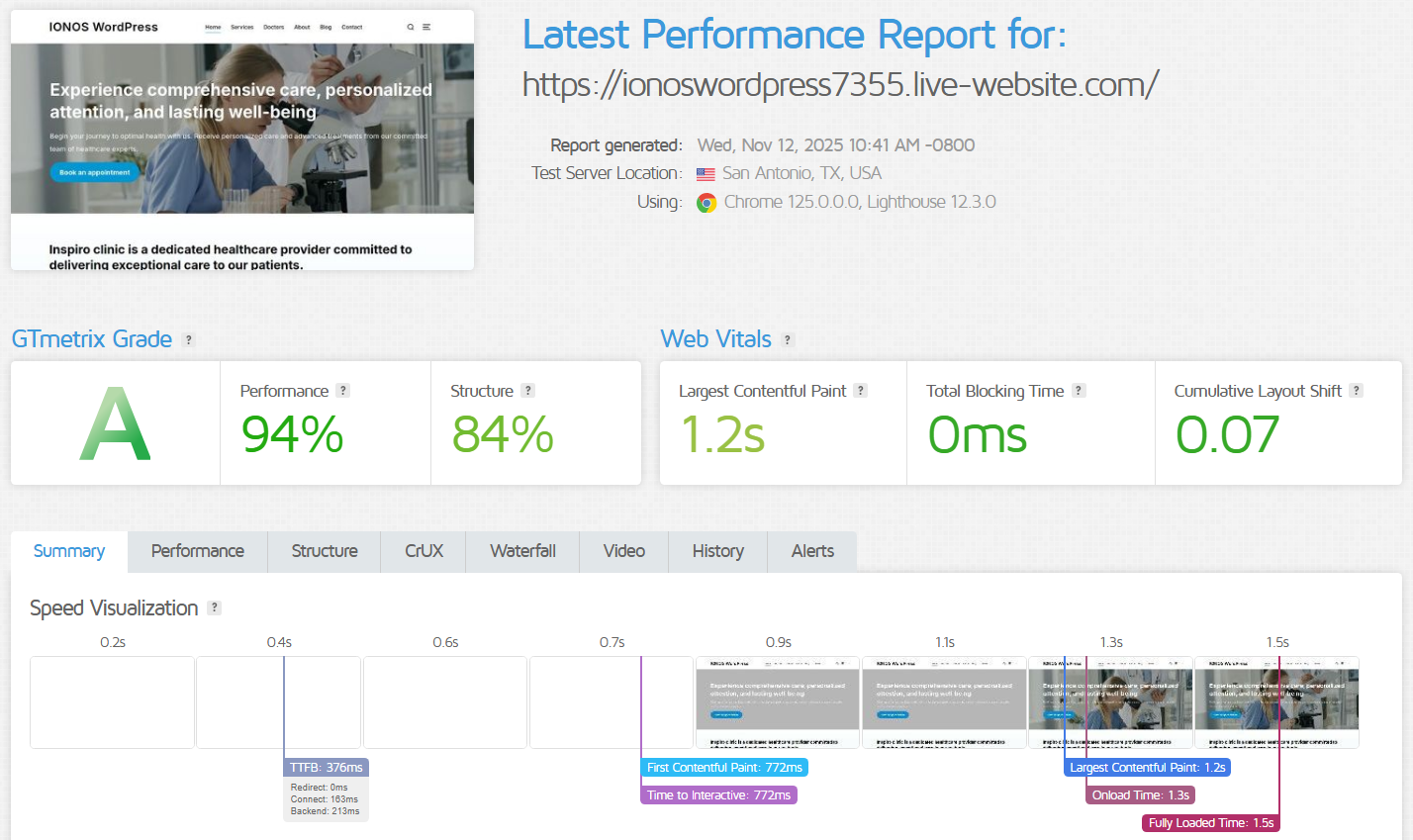 screenshot of IONOS Performance test results