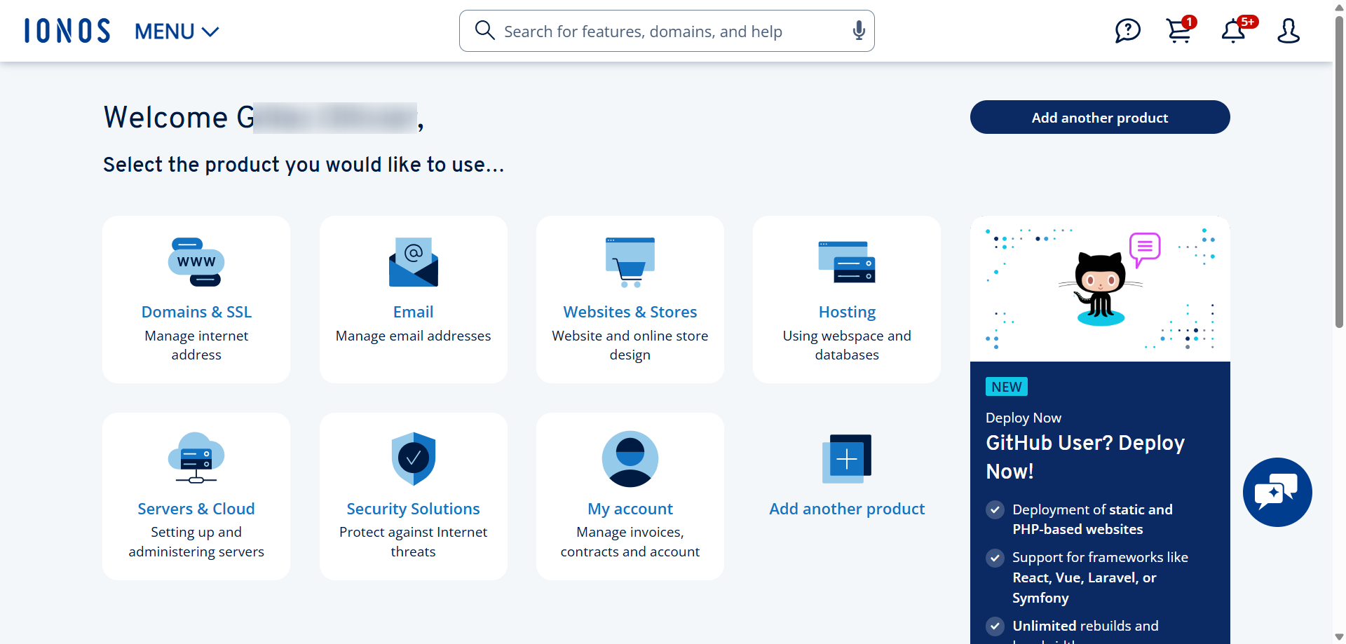 screenshot of IONOS dashboard