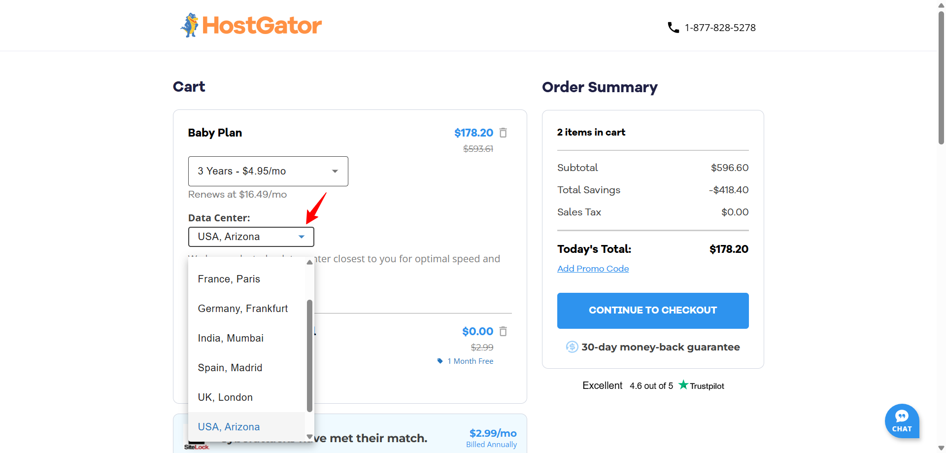 screenshot of HostGator's data centers list