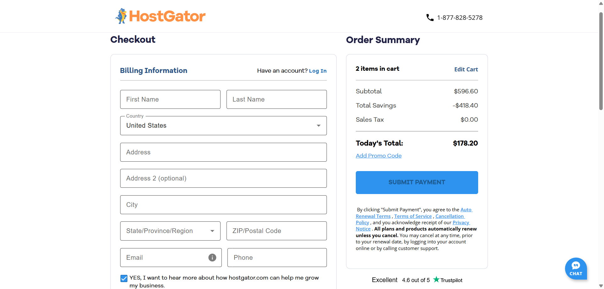 screenshot of HostGator's billing information