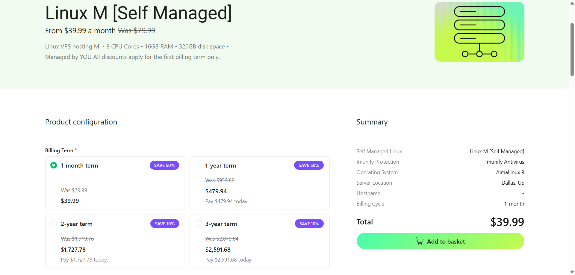 screenshot of Hosting.com Hosting plan configurations