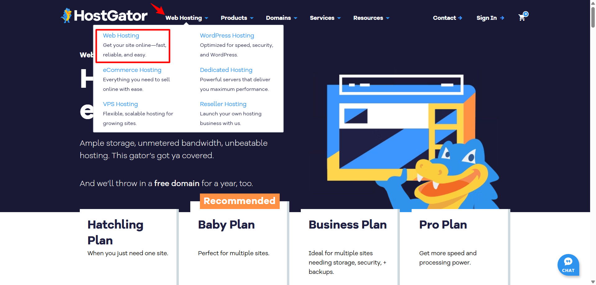 screenshot of HostGator's Web Hosting button