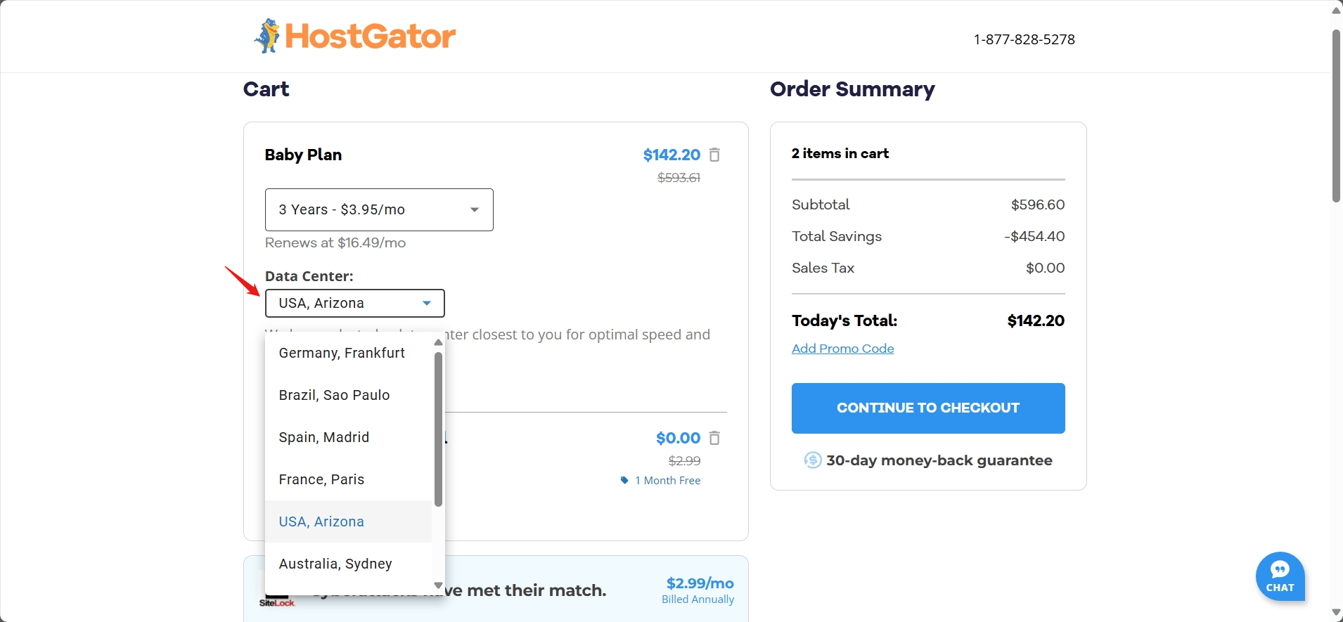 screenshot of Hostgator Server locations