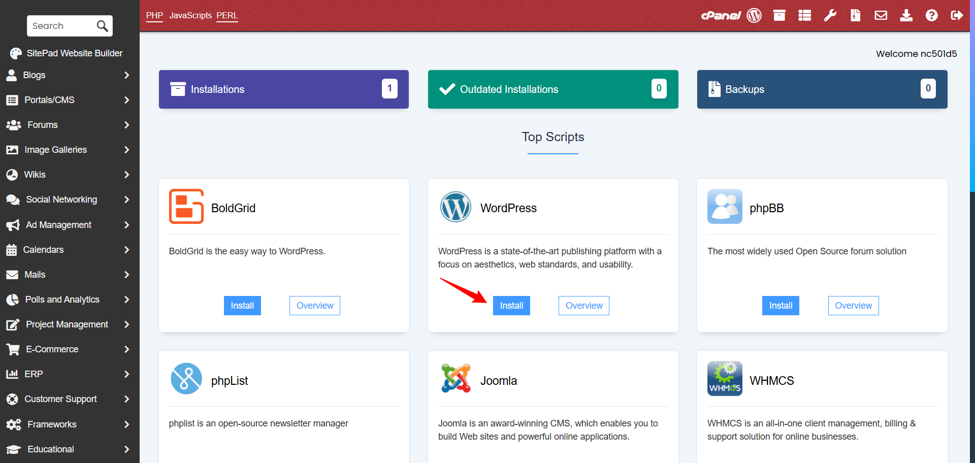 screenshot of the WordPress installer