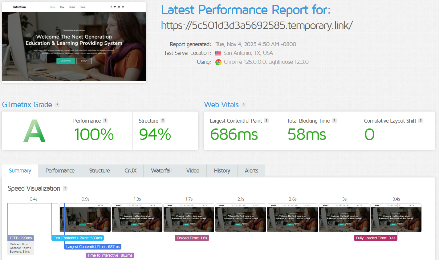 screenshot of Inmotion Latest Performance test results