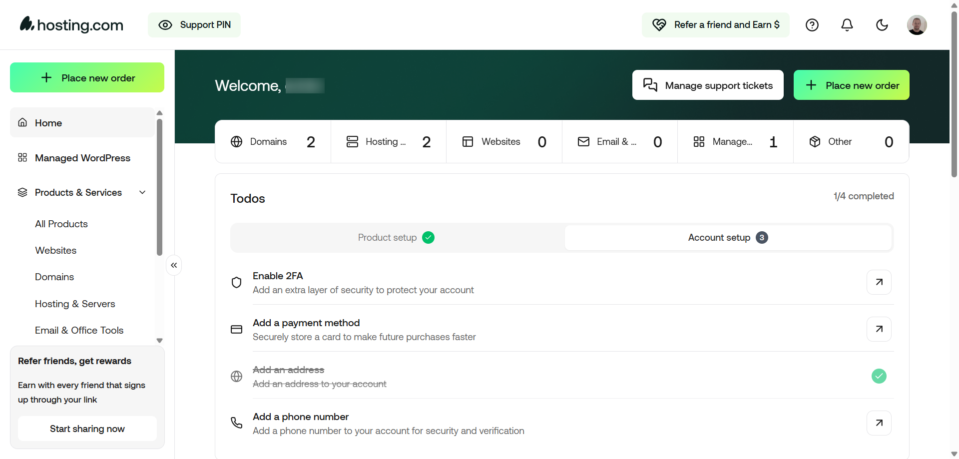 screenshot of the dashboard