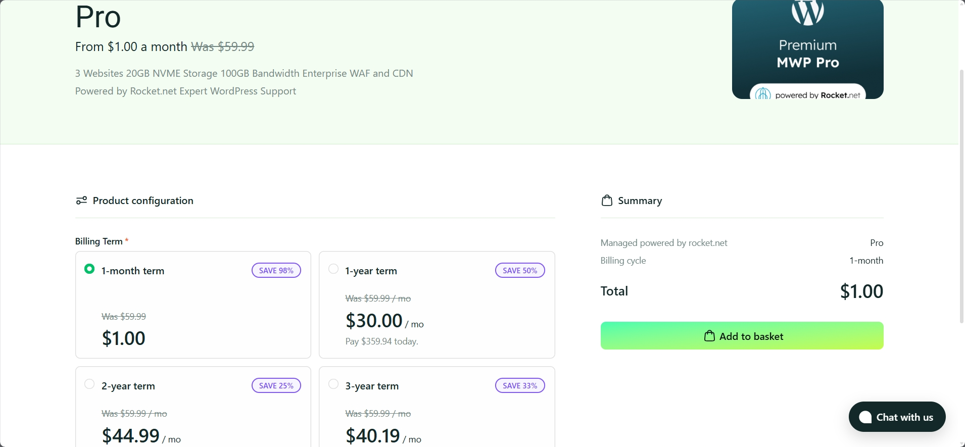 screenshot of Hosting plan configurations