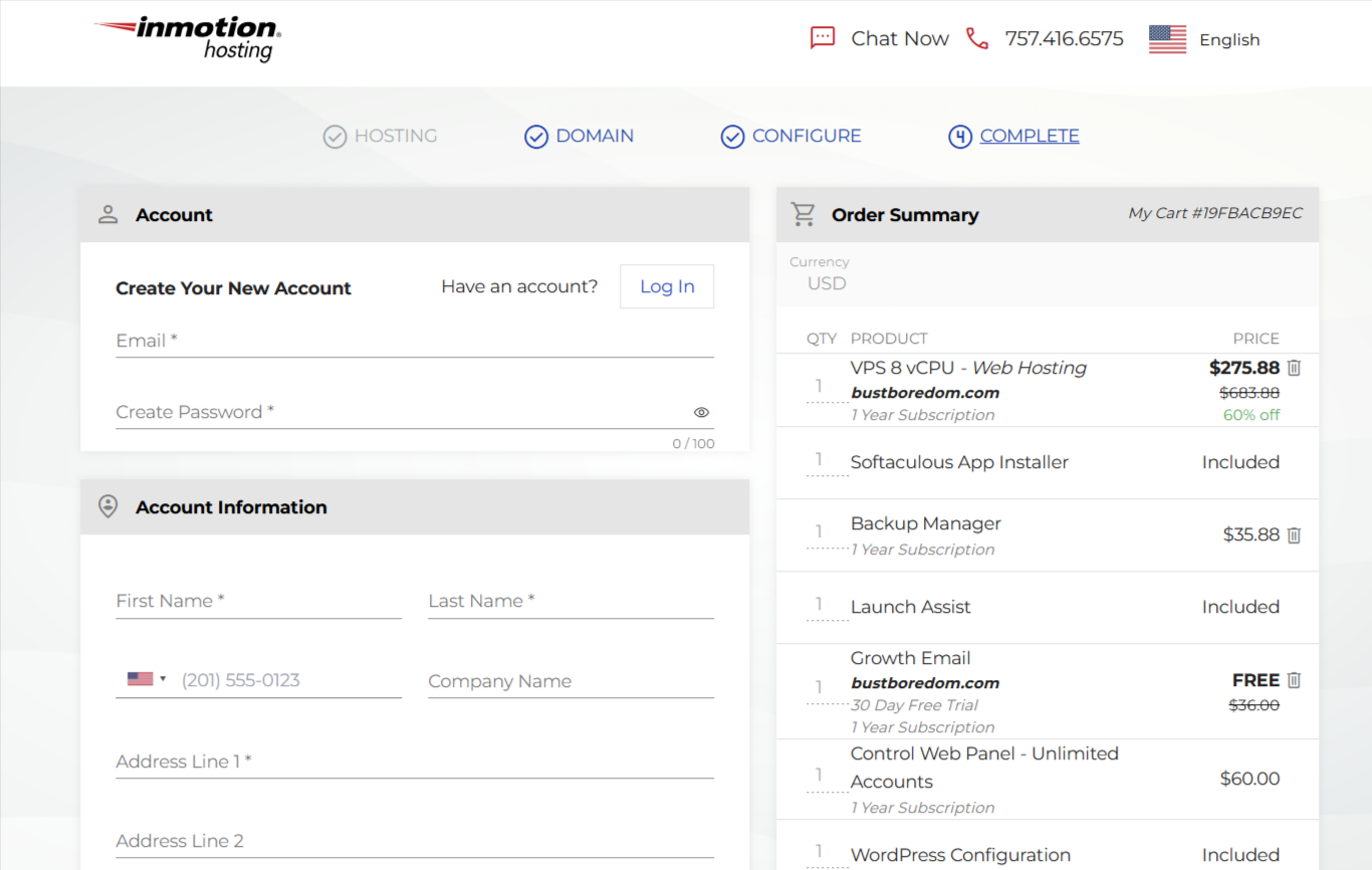 screenshot of InMotion Hosting cart