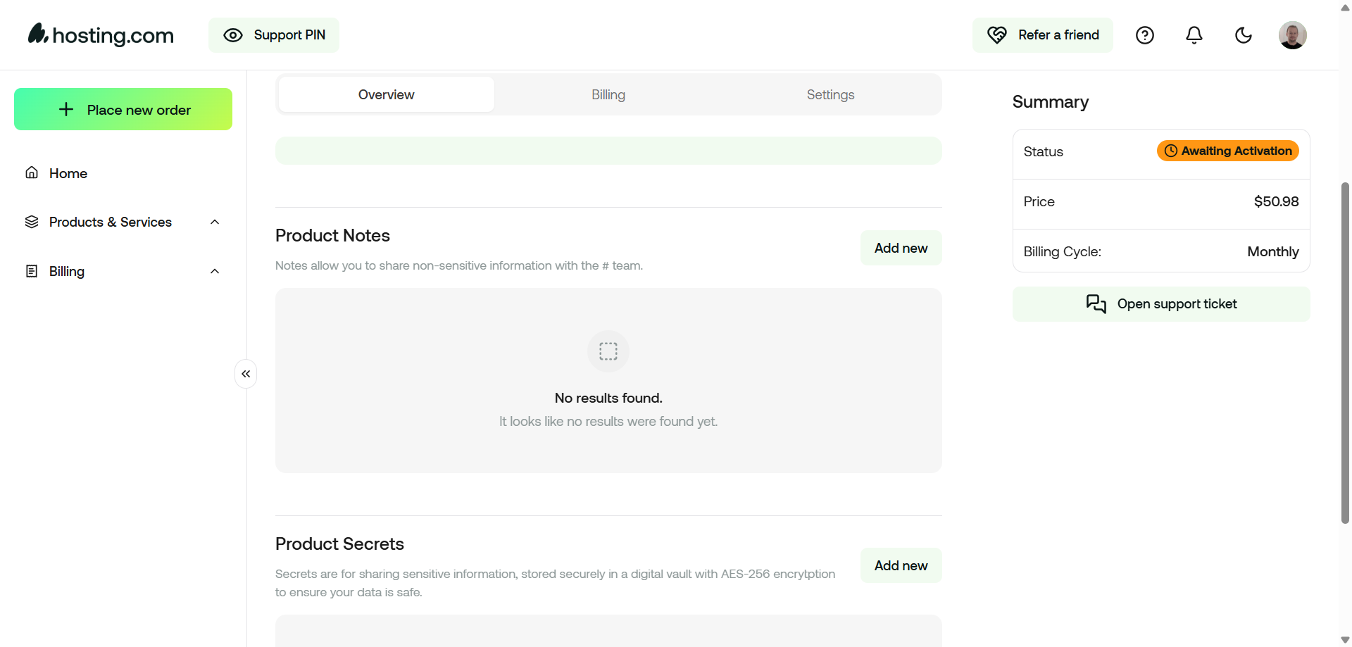 screenshot of Hosting.com Produts overview