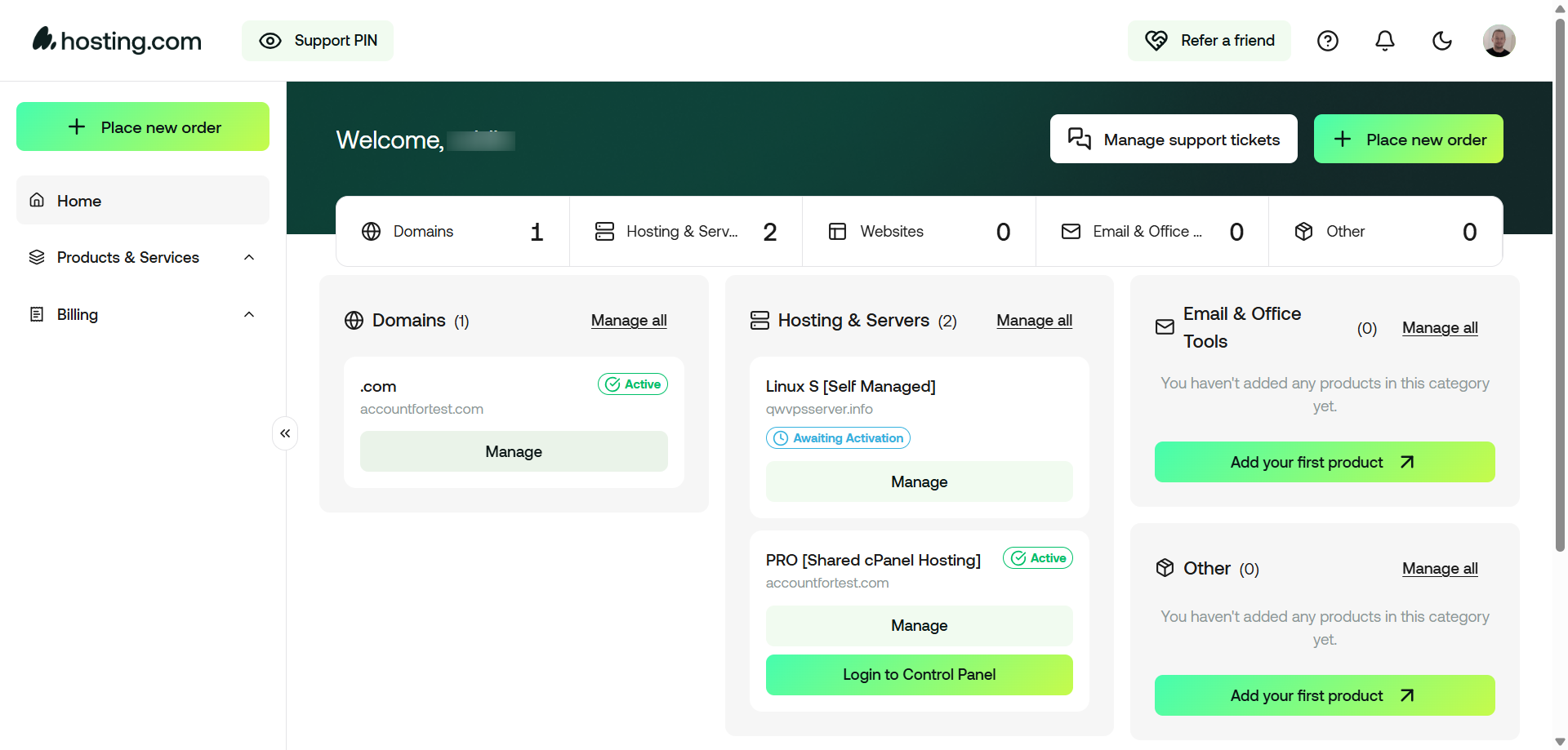 screenshot of Hosting.com dashboard