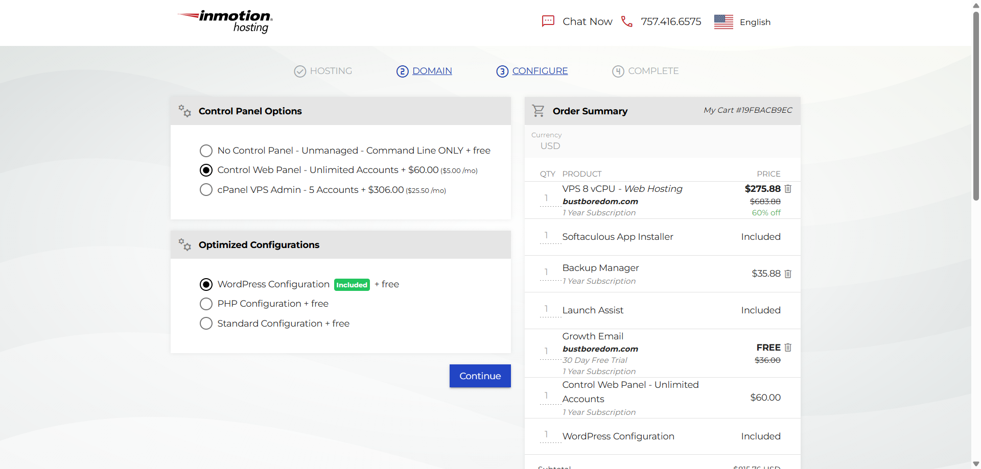 screenshot of InMotion Hosting plan configurations