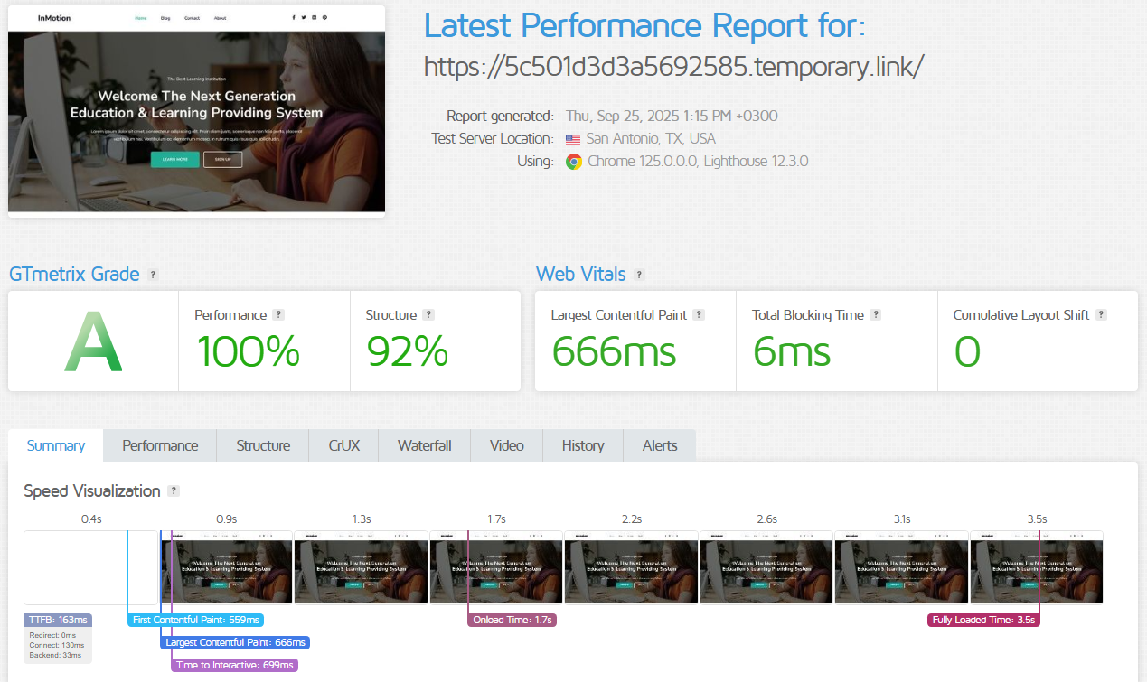 screenshot of InMotion performance test results