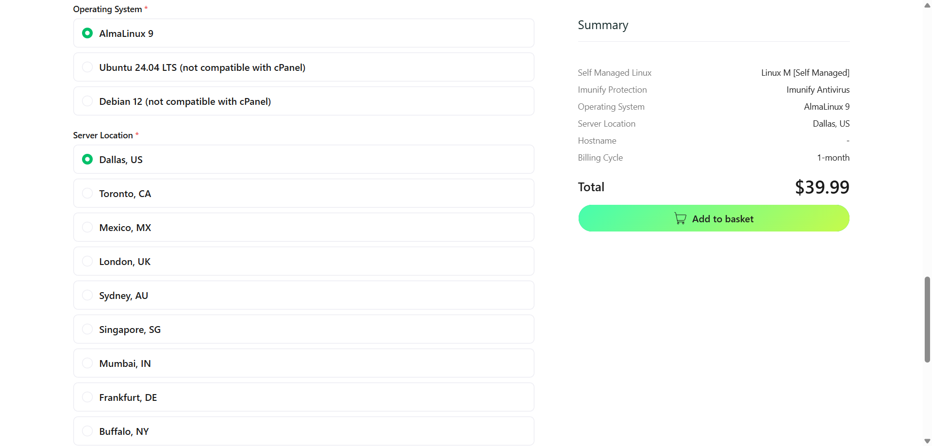 screenshot of Hosting.com server locations list