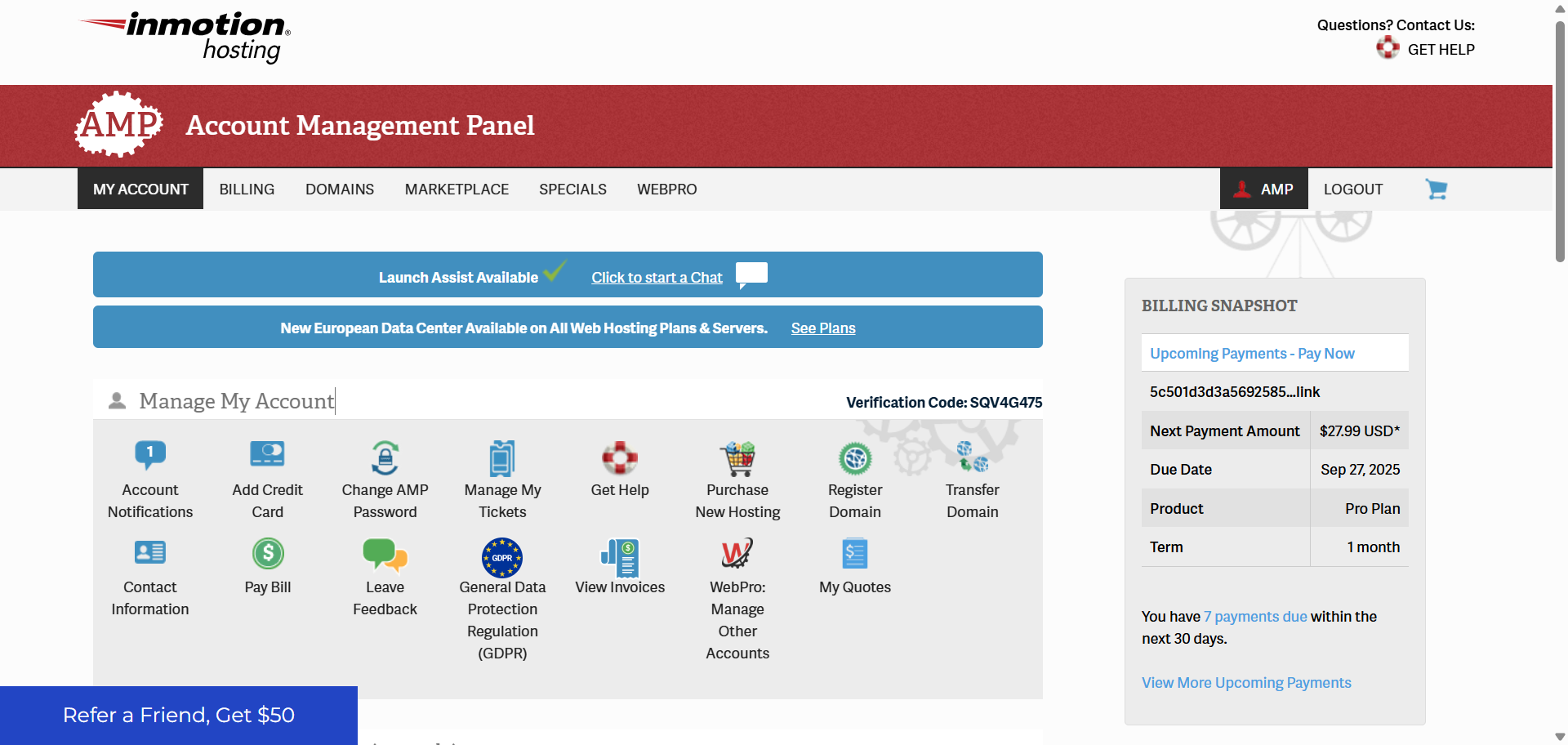 screenshot of InMotion Hosting Account Managemet Panel (AMP)