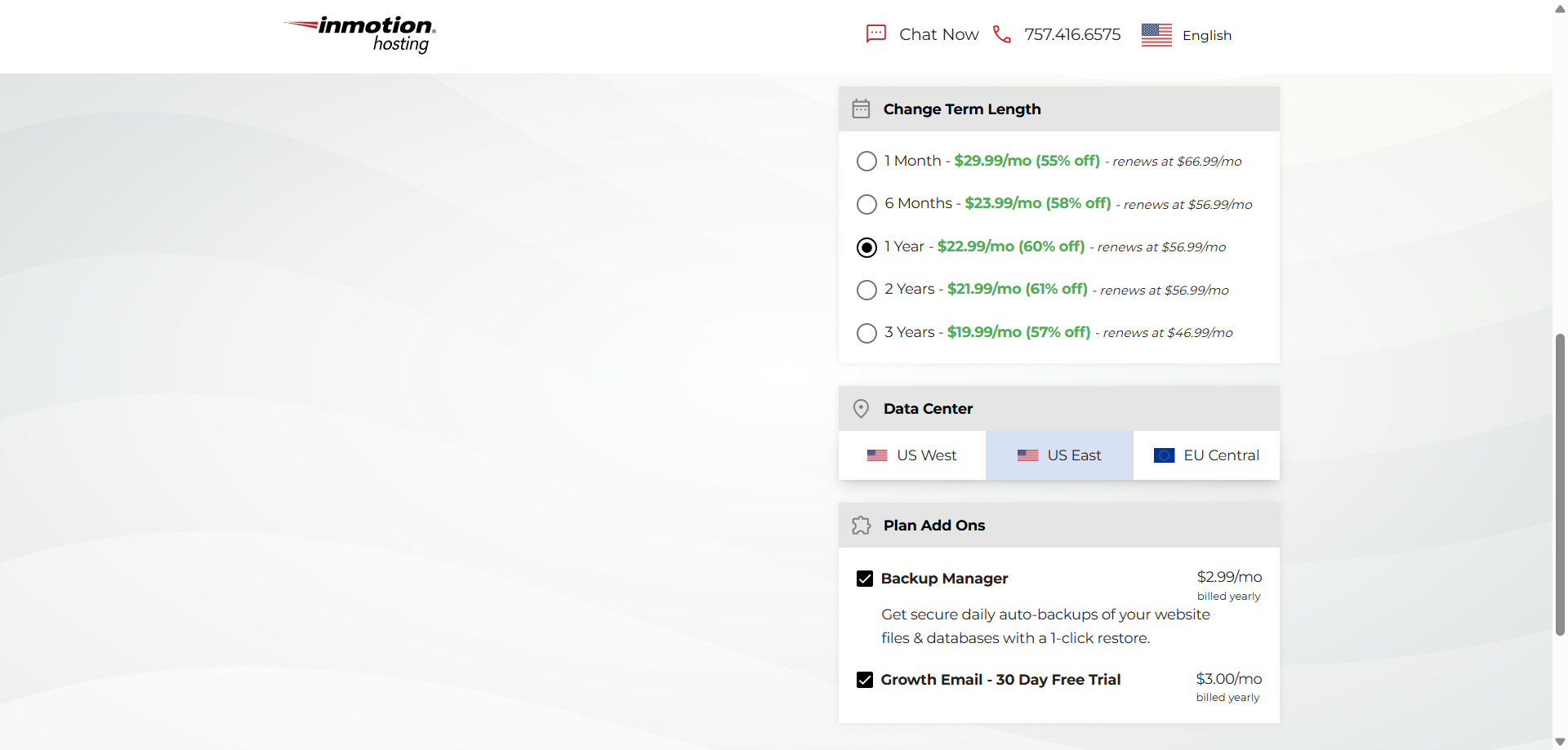 screenshot of InMotion Hosting Data Centers list