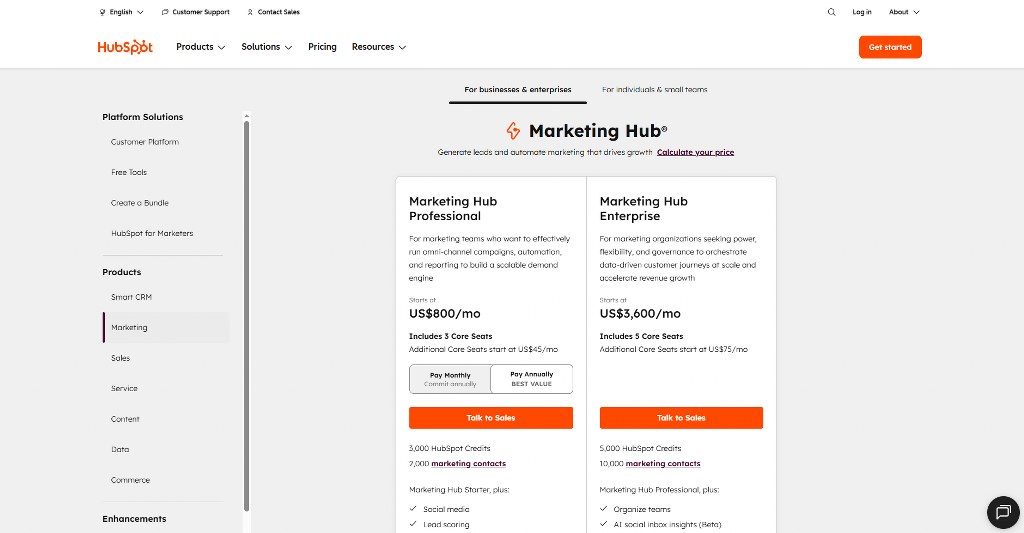 HubSpot marketing Hub's pricing page.