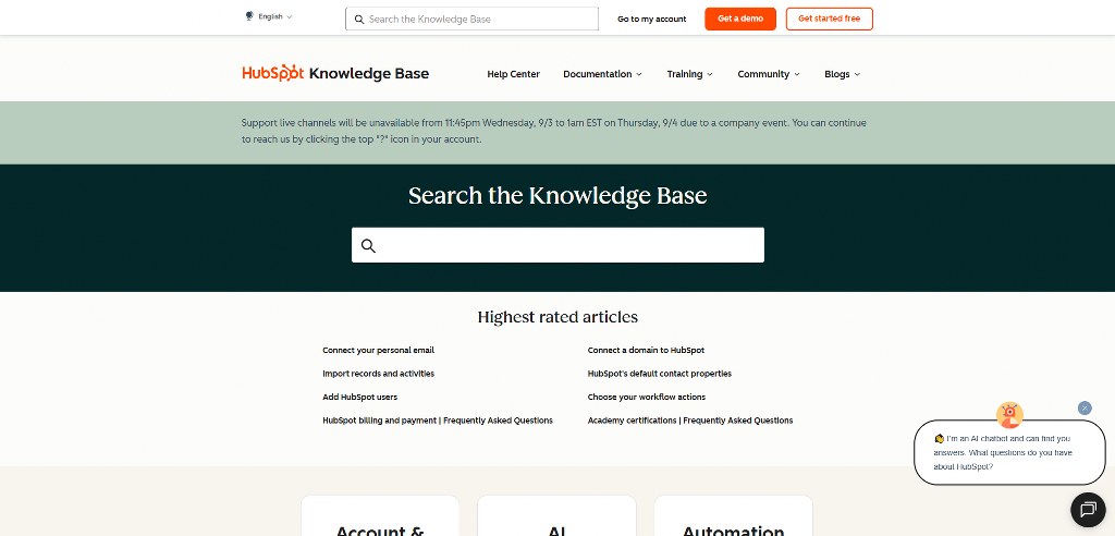 HubSpot’s knowledge base page.