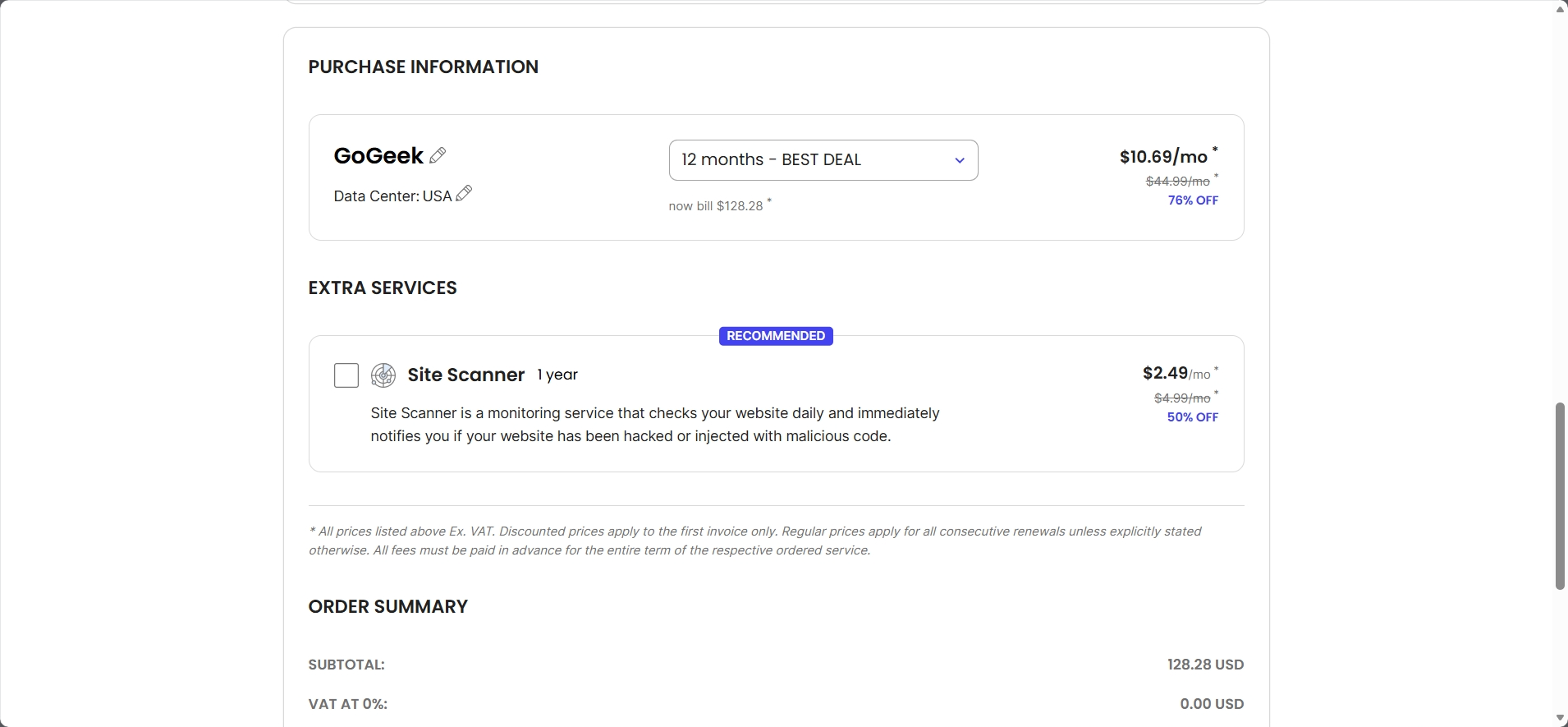 screenshot of Siteground Purchase Information
