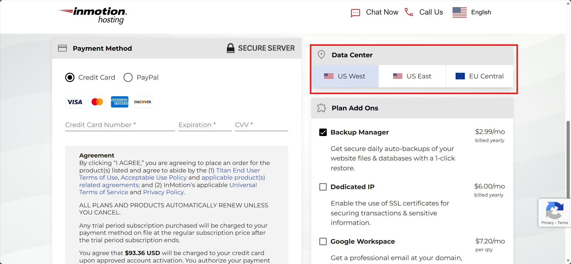 screenshot of InMotion Hosting Data Center locations