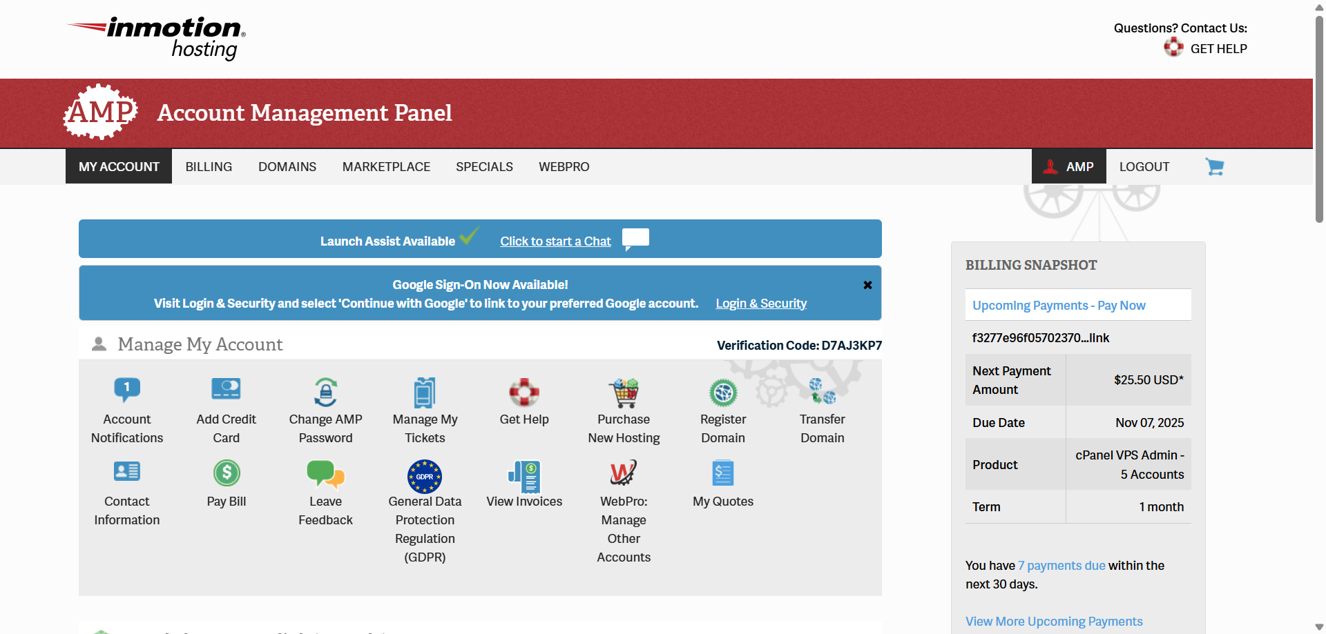 screenshot of InMotion Account Management Panel