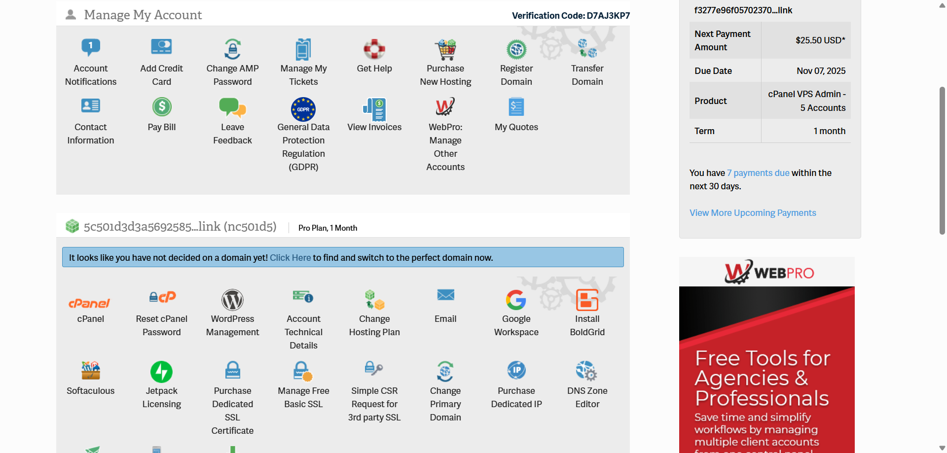 screenshot of InMotion Account Management Panel