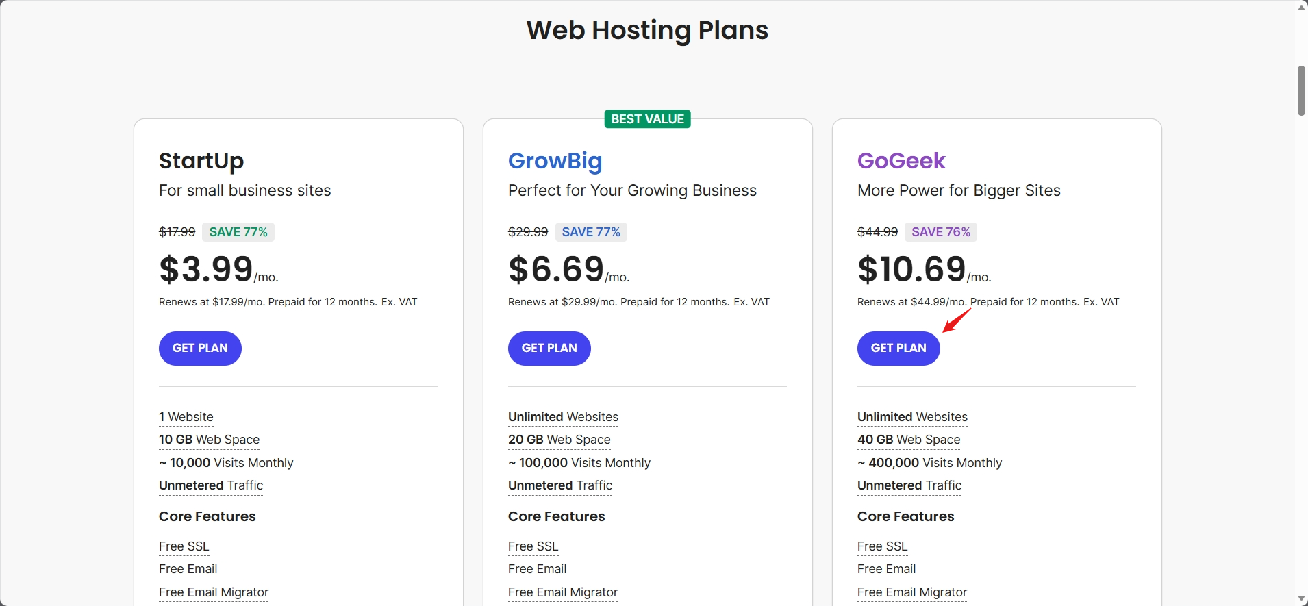 screenshot of Siteground hosting plans