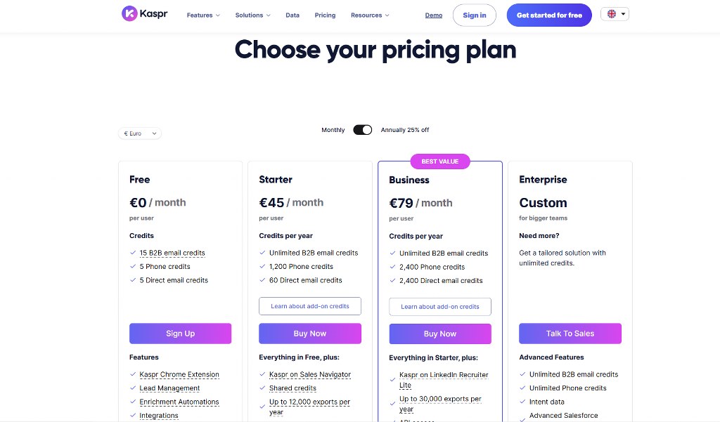 Kaspr's pricing page.